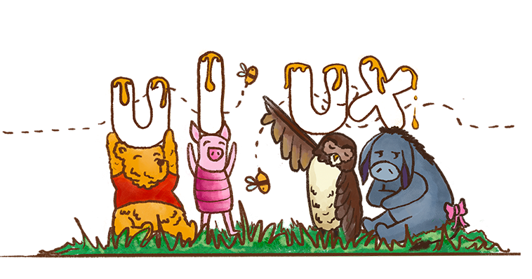 Header image, 'UIUX' with each letter held by a different Winnie the Pooh character (Pooh, Piglet, Owl, Eeyore) sitting on a grassy field.