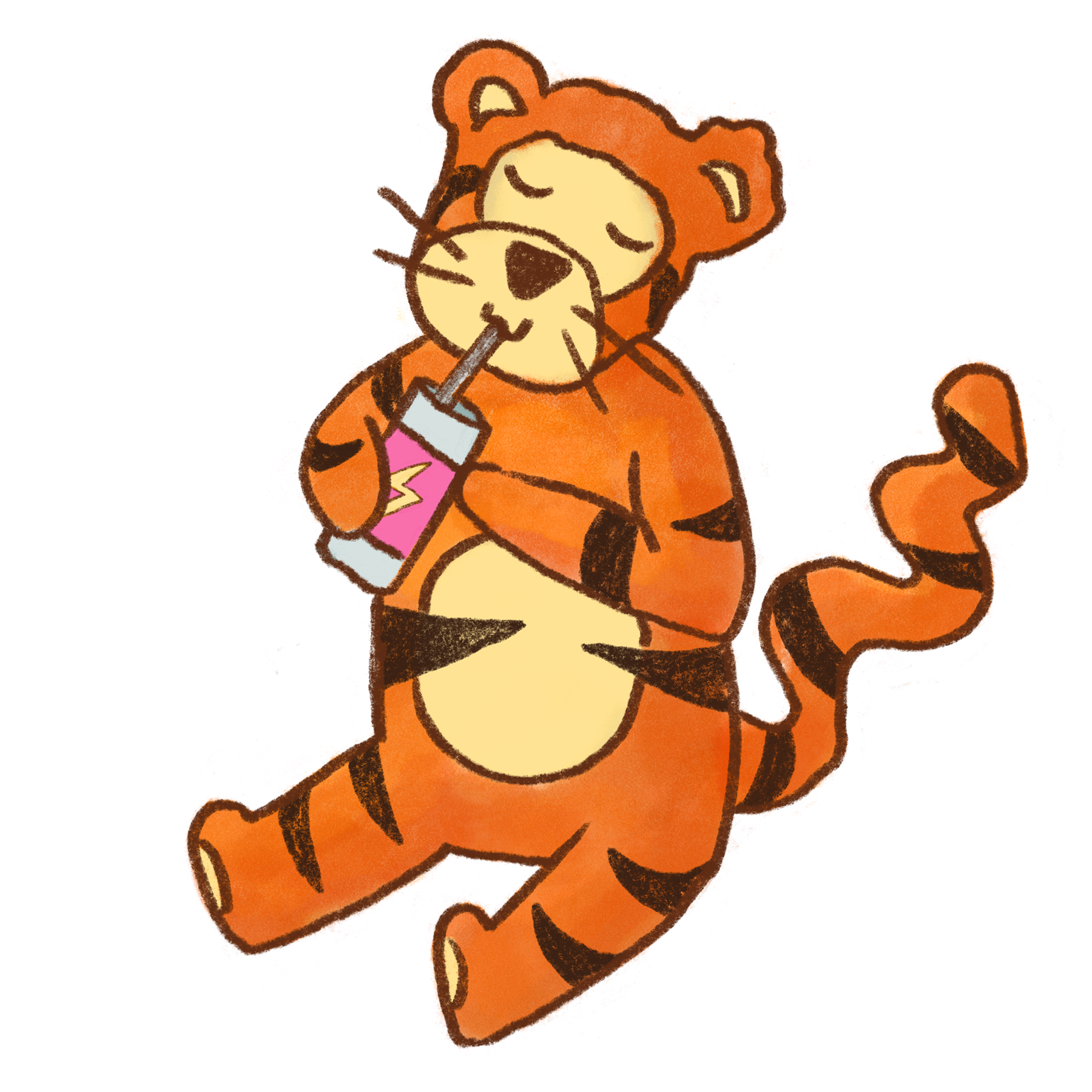 Tigger drinking an energy drink. Image for Thomas. Illustration by Caitlin Rowlings.