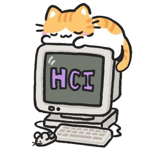 a drawing of a striped orange cat sleeping on an old-style desktop computer that has the text 'HCI' on it. Illustration by Kate (Suhyoon) Hong.