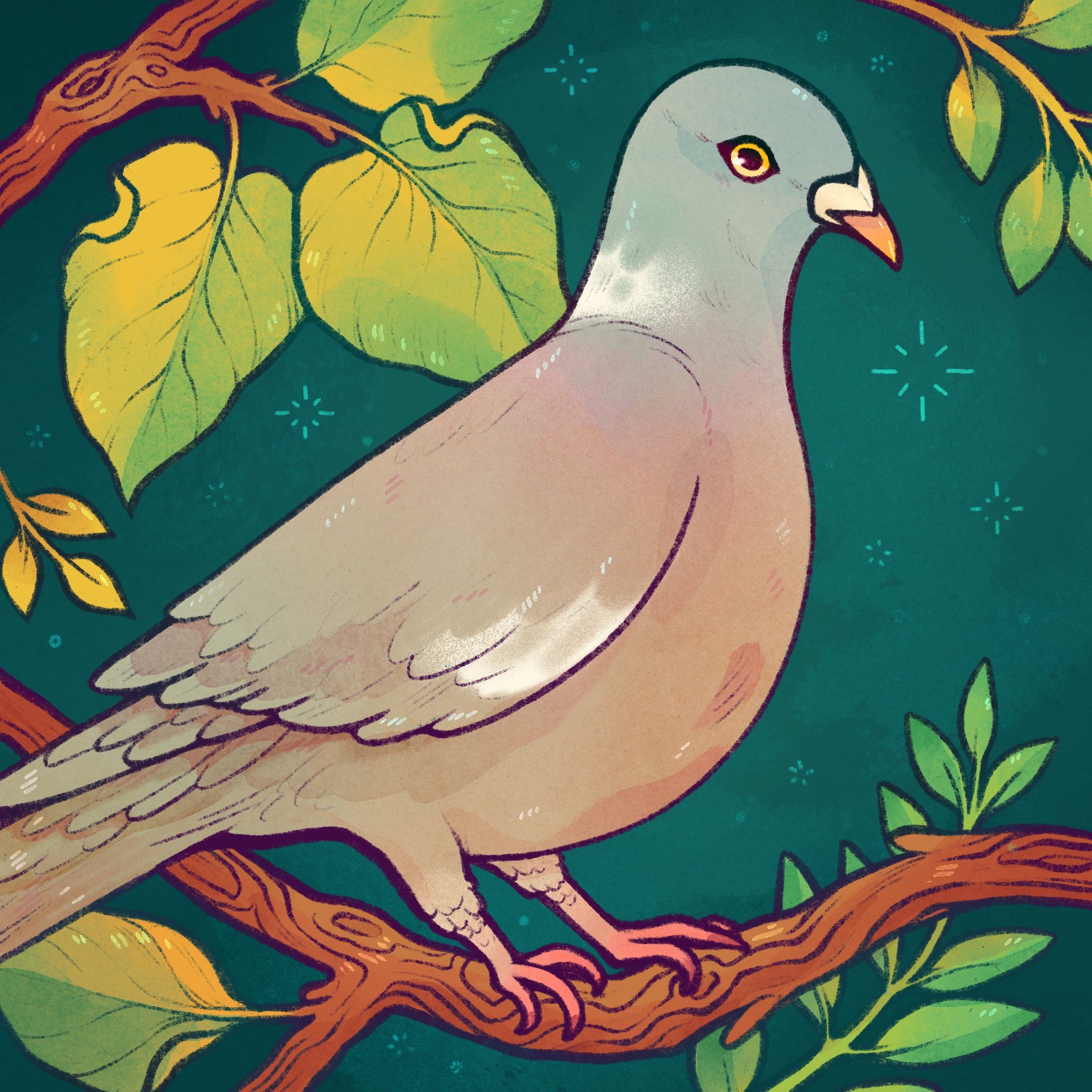 a cartoon pigeon sitting in a tree surrounded by leaves. Drawn by Lianne Pflug.